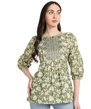 Stylistico Women Floral Print Embroidered Cotton Tunic Top Summer Western Office Wear Peplum Regular Fit Full Sleeve Casual Daily Wear Stylish Long Kurti Top Green L thumbnail 0