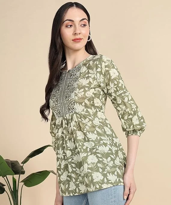Stylistico Women Floral Print Embroidered Cotton Tunic Top Summer Western Office Wear Peplum Regular Fit Full Sleeve Casual Daily Wear Stylish Long Kurti Top Green XXL image 3