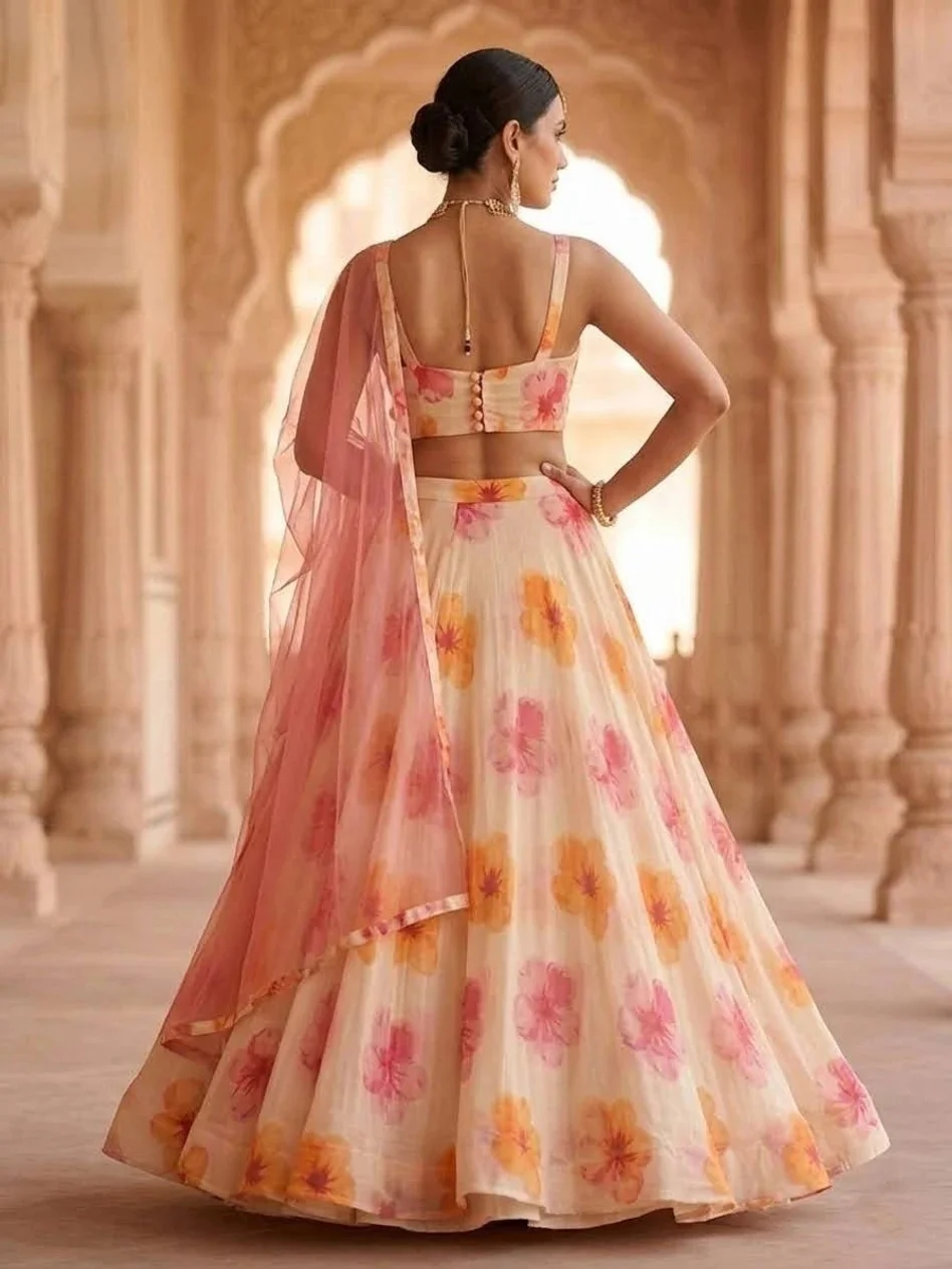 Floral Printed Lehenga Choli for Women Wedding Wear Ethnic Lehenga Set with Dupatta Designer Party Wear Georgette Lehenga for Haldi Mehendi Festive lehenga-choli-peach-Pink Free Size image 2