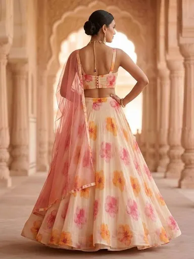 Floral Printed Lehenga Choli for Women Wedding Wear Ethnic Lehenga Set with Dupatta Designer Party Wear Georgette Lehenga for Haldi Mehendi Festive lehenga-choli-peach-Pink Free Size thumbnail 1