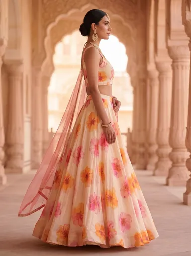 Floral Printed Lehenga Choli for Women Wedding Wear Ethnic Lehenga Set with Dupatta Designer Party Wear Georgette Lehenga for Haldi Mehendi Festive lehenga-choli-peach-Pink Free Size thumbnail 2