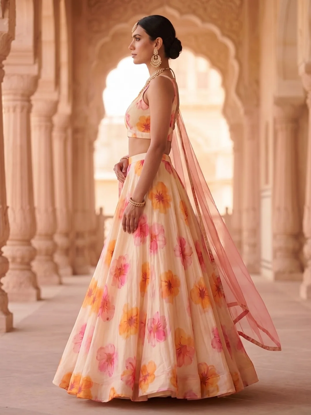 Floral Printed Lehenga Choli for Women Wedding Wear Ethnic Lehenga Set with Dupatta Designer Party Wear Georgette Lehenga for Haldi Mehendi Festive lehenga-choli-peach-Pink Free Size image 4
