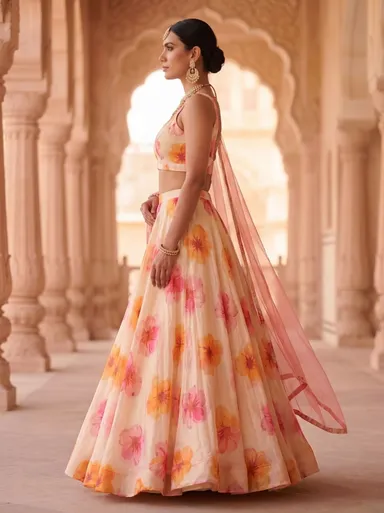 Floral Printed Lehenga Choli for Women Wedding Wear Ethnic Lehenga Set with Dupatta Designer Party Wear Georgette Lehenga for Haldi Mehendi Festive lehenga-choli-peach-Pink Free Size thumbnail 3