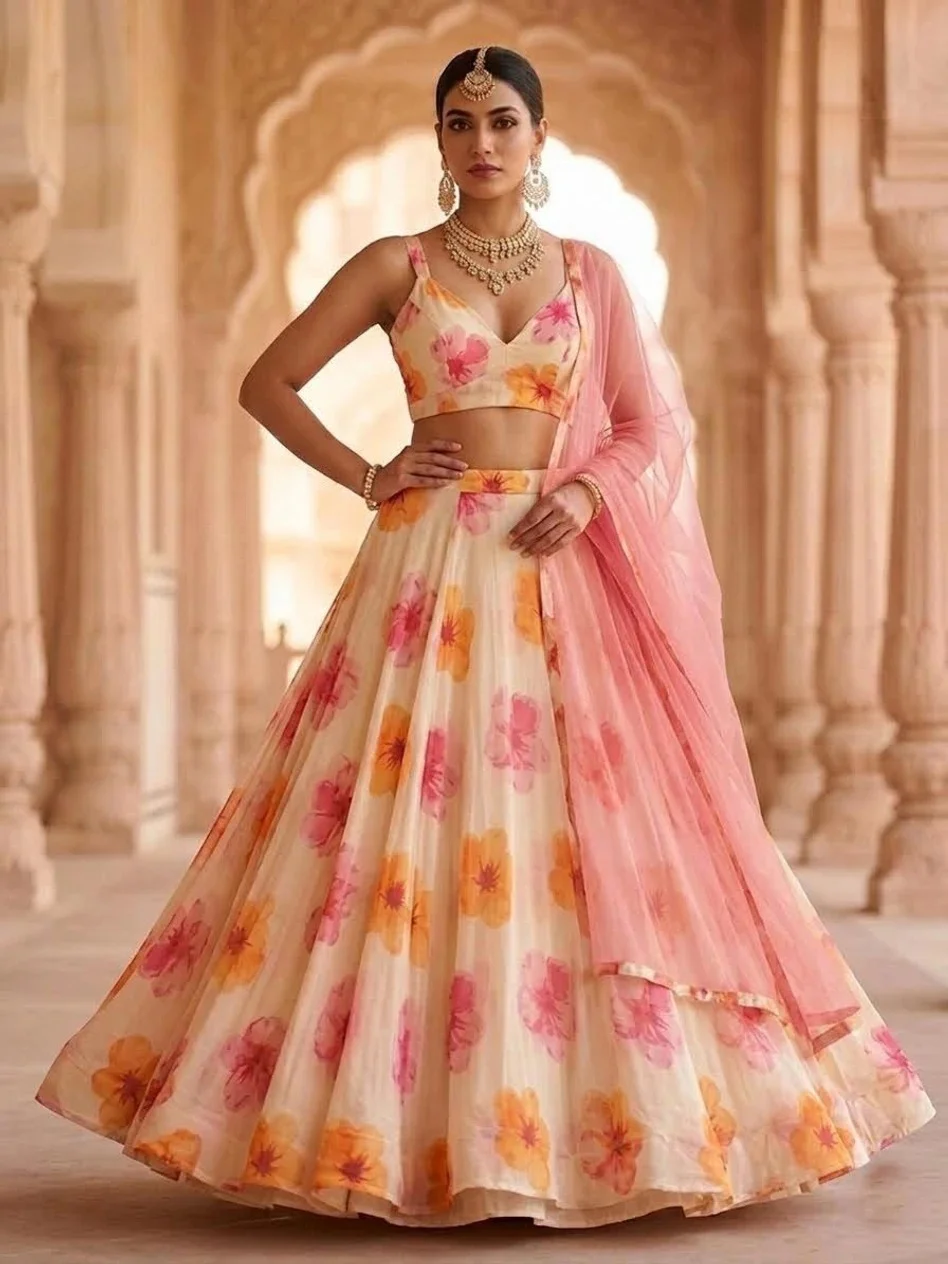 Floral Printed Lehenga Choli for Women Wedding Wear Ethnic Lehenga Set with Dupatta Designer Party Wear Georgette Lehenga for Haldi Mehendi Festive lehenga-choli-peach-Pink Free Size image 1