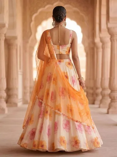 Floral Printed Lehenga Choli for Women Wedding Wear Ethnic Lehenga Set with Dupatta Designer Party Wear Georgette Lehenga for Haldi Mehendi Festive lehenga-choli-peach-Yellow Free Size thumbnail 1