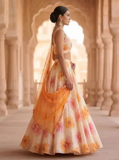 Floral Printed Lehenga Choli for Women Wedding Wear Ethnic Lehenga Set with Dupatta Designer Party Wear Georgette Lehenga for Haldi Mehendi Festive lehenga-choli-peach-Yellow Free Size thumbnail 2
