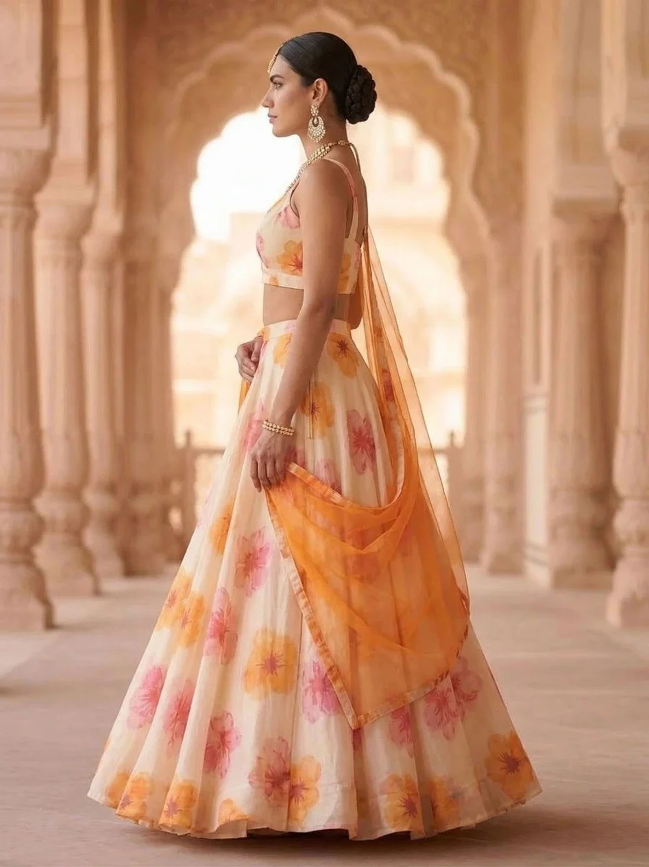 Floral Printed Lehenga Choli for Women Wedding Wear Ethnic Lehenga Set with Dupatta Designer Party Wear Georgette Lehenga for Haldi Mehendi Festive lehenga-choli-peach-Yellow Free Size image 4
