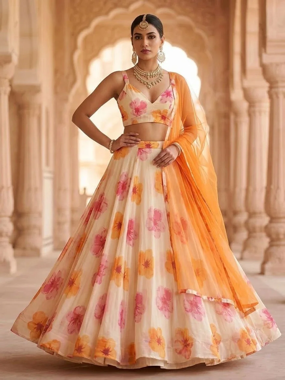 Floral Printed Lehenga Choli for Women Wedding Wear Ethnic Lehenga Set with Dupatta Designer Party Wear Georgette Lehenga for Haldi Mehendi Festive lehenga-choli-peach-Yellow Free Size image 1