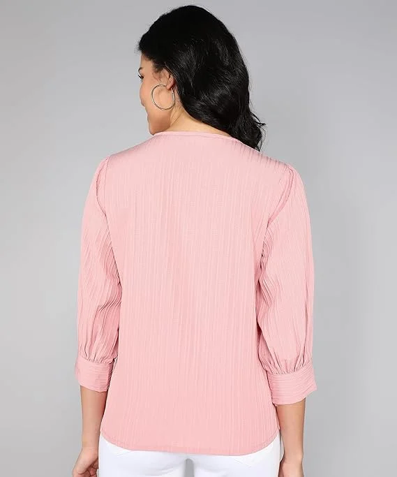itshe Lining Soft Cotton Blend Western Top for Women Regular Fit Round Neck Full Sleeve Office Casual Stylish Solid Daily Wear Ladies Top India  Baby Pink M image 2