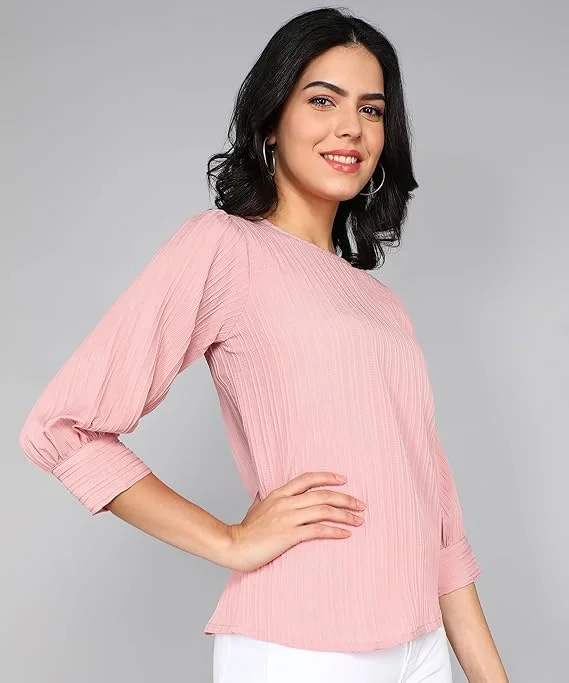 itshe Lining Soft Cotton Blend Western Top for Women Regular Fit Round Neck Full Sleeve Office Casual Stylish Solid Daily Wear Ladies Top India  Baby Pink M image 3
