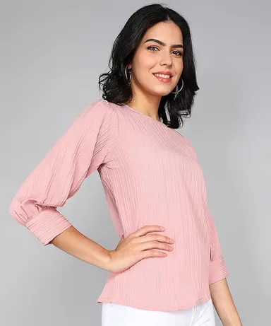 itshe Lining Soft Cotton Blend Western Top for Women Regular Fit Round Neck Full Sleeve Office Casual Stylish Solid Daily Wear Ladies Top India  Baby Pink M thumbnail 2