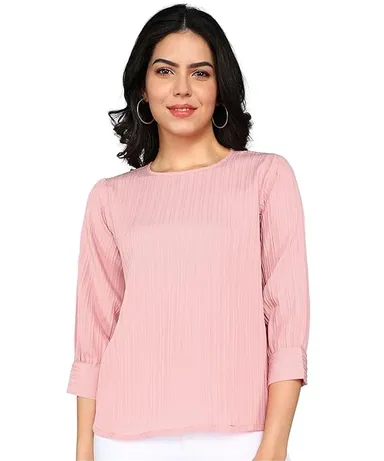 itshe Lining Soft Cotton Blend Western Top for Women Regular Fit Round Neck Full Sleeve Office Casual Stylish Solid Daily Wear Ladies Top India  Baby Pink M thumbnail 0