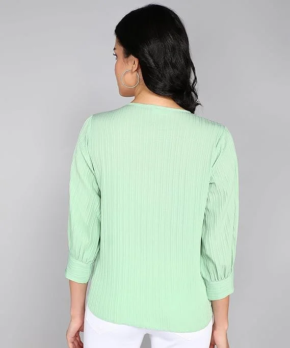 itshe Lining Soft Cotton Blend Western Top for Women Regular Fit Round Neck Full Sleeve Office Casual Stylish Solid Daily Wear Ladies Top India Light Green M image 2