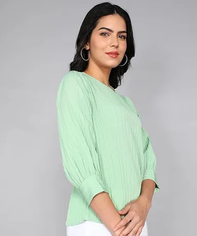 itshe Lining Soft Cotton Blend Western Top for Women Regular Fit Round Neck Full Sleeve Office Casual Stylish Solid Daily Wear Ladies Top India Light Green M thumbnail 2