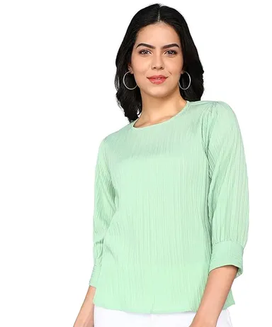 itshe Lining Soft Cotton Blend Western Top for Women Regular Fit Round Neck Full Sleeve Office Casual Stylish Solid Daily Wear Ladies Top India Light Green M thumbnail 0