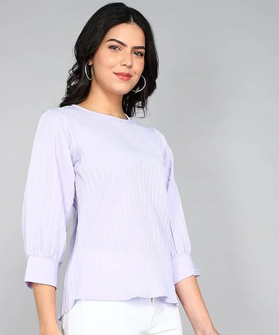 itshe Lining Soft Cotton Blend Western Top for Women Regular Fit Round Neck Full Sleeve Office Casual Stylish Solid Daily Wear Ladies Top India  Lavender M image 3