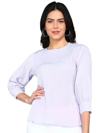 itshe Lining Soft Cotton Blend Western Top for Women Regular Fit Round Neck Full Sleeve Office Casual Stylish Solid Daily Wear Ladies Top India  Lavender M thumbnail 0