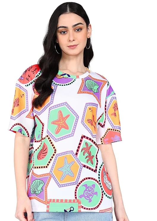itshe Boho Print Oversized T-Shirt for Women Loose Fit Half Sleeve Casual Graphic Tee Soft Cotton Blend Summer Streetwear Trendy Baggy Women Top India White S image 1