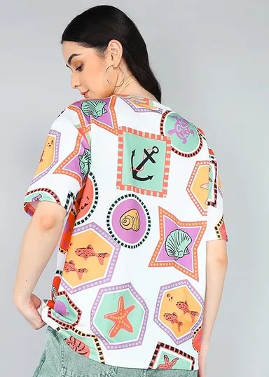 itshe Boho Print Oversized T-Shirt for Women Loose Fit Half Sleeve Casual Graphic Tee Soft Cotton Blend Summer Streetwear Trendy Baggy Women Top India White M thumbnail 1