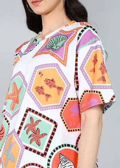 itshe Boho Print Oversized T-Shirt for Women Loose Fit Half Sleeve Casual Graphic Tee Soft Cotton Blend Summer Streetwear Trendy Baggy Women Top India White XL thumbnail 3