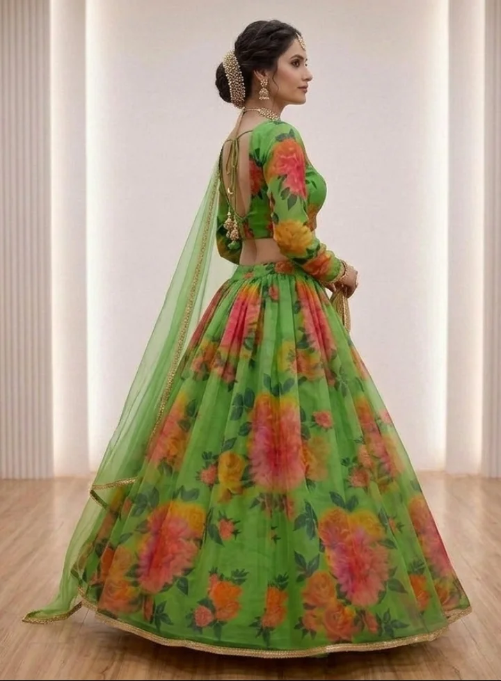 Floral Print Lehenga Choli with Dupatta for Women Wedding Festive Party Wear Designer Ethnic Lehenga Set Lightweight Georgette Style Haldi Mehendi Outfit India green-floral-print-lehenga-choli Free Size image 2
