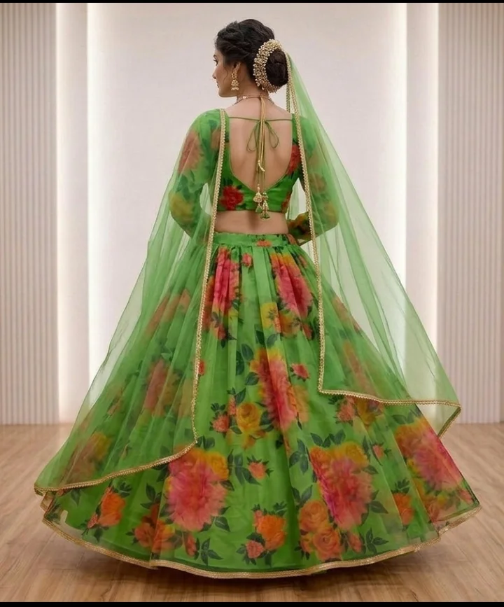 Floral Print Lehenga Choli with Dupatta for Women Wedding Festive Party Wear Designer Ethnic Lehenga Set Lightweight Georgette Style Haldi Mehendi Outfit India green-floral-print-lehenga-choli Free Size image 3