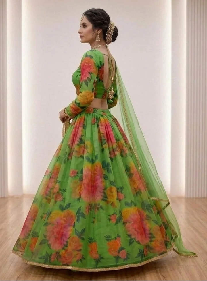 Floral Print Lehenga Choli with Dupatta for Women Wedding Festive Party Wear Designer Ethnic Lehenga Set Lightweight Georgette Style Haldi Mehendi Outfit India green-floral-print-lehenga-choli Free Size image 4
