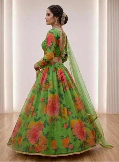 Floral Print Lehenga Choli with Dupatta for Women Wedding Festive Party Wear Designer Ethnic Lehenga Set Lightweight Georgette Style Haldi Mehendi Outfit India green-floral-print-lehenga-choli Free Size thumbnail 3
