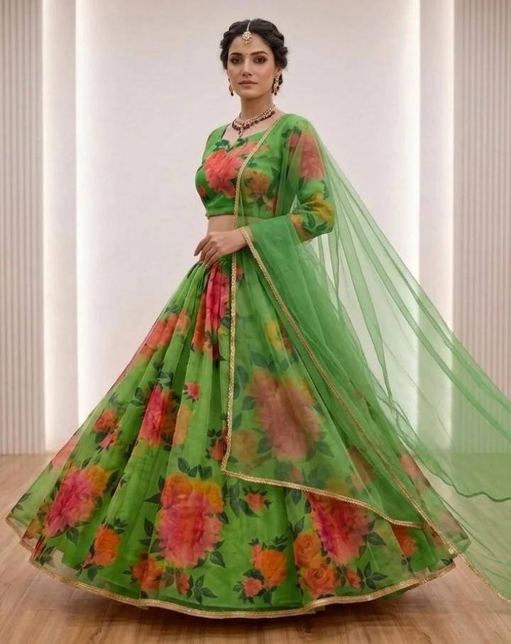 Floral Print Lehenga Choli with Dupatta for Women Wedding Festive Party Wear Designer Ethnic Lehenga Set Lightweight Georgette Style Haldi Mehendi Outfit India green-floral-print-lehenga-choli Free Size image 1