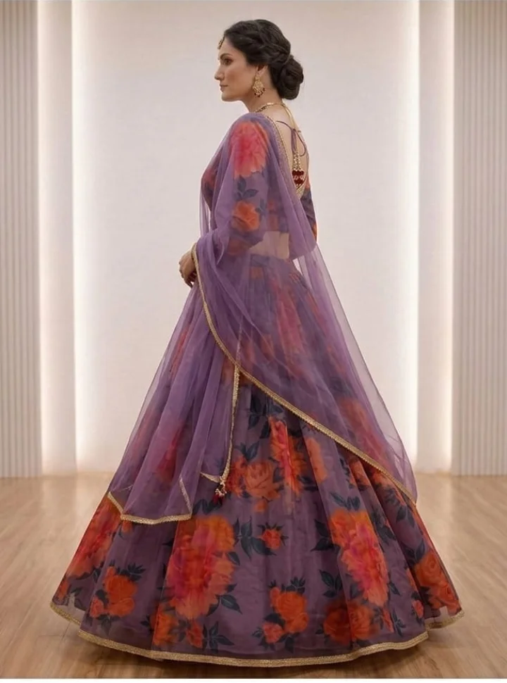 Floral Print Lehenga Choli with Dupatta for Women Wedding Festive Party Wear Designer Ethnic Lehenga Set Lightweight Georgette Style Haldi Mehendi Outfit India Prple-floral-print-lehenga-choli Free Size image 2