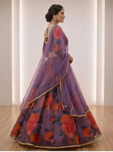 Floral Print Lehenga Choli with Dupatta for Women Wedding Festive Party Wear Designer Ethnic Lehenga Set Lightweight Georgette Style Haldi Mehendi Outfit India Prple-floral-print-lehenga-choli Free Size thumbnail 2