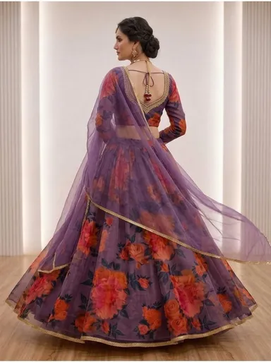 Floral Print Lehenga Choli with Dupatta for Women Wedding Festive Party Wear Designer Ethnic Lehenga Set Lightweight Georgette Style Haldi Mehendi Outfit India Prple-floral-print-lehenga-choli Free Size thumbnail 3
