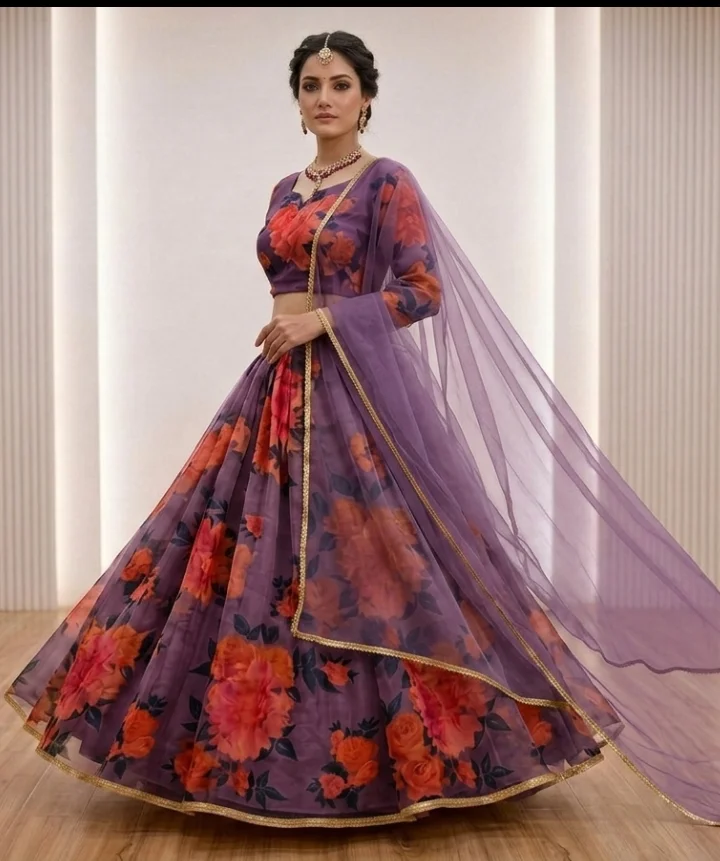 Floral Print Lehenga Choli with Dupatta for Women Wedding Festive Party Wear Designer Ethnic Lehenga Set Lightweight Georgette Style Haldi Mehendi Outfit India Prple-floral-print-lehenga-choli Free Size image 1
