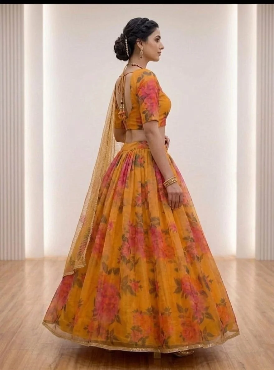 Floral Print Lehenga Choli with Dupatta for Women Wedding Festive Party Wear Designer Ethnic Lehenga Set Lightweight Georgette Style Haldi Mehendi Outfit India Yellow-floral-print-lehenga-choli Free Size image 2