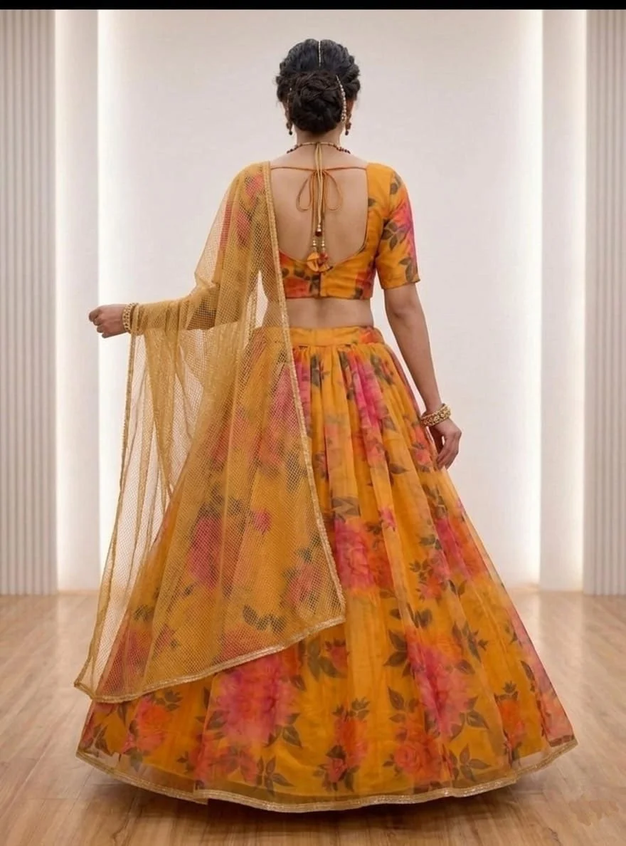 Floral Print Lehenga Choli with Dupatta for Women Wedding Festive Party Wear Designer Ethnic Lehenga Set Lightweight Georgette Style Haldi Mehendi Outfit India Yellow-floral-print-lehenga-choli Free Size image 3