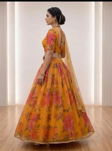 Floral Print Lehenga Choli with Dupatta for Women Wedding Festive Party Wear Designer Ethnic Lehenga Set Lightweight Georgette Style Haldi Mehendi Outfit India Yellow-floral-print-lehenga-choli Free Size thumbnail 3