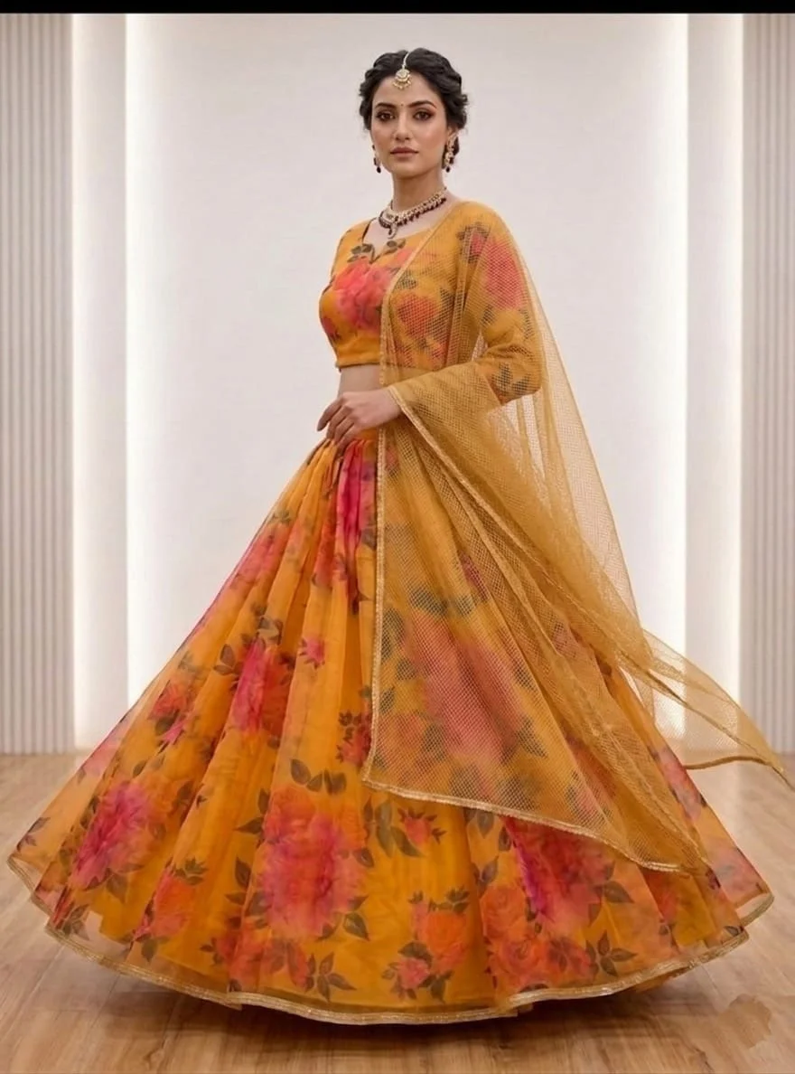 Floral Print Lehenga Choli with Dupatta for Women Wedding Festive Party Wear Designer Ethnic Lehenga Set Lightweight Georgette Style Haldi Mehendi Outfit India Yellow-floral-print-lehenga-choli Free Size image 1