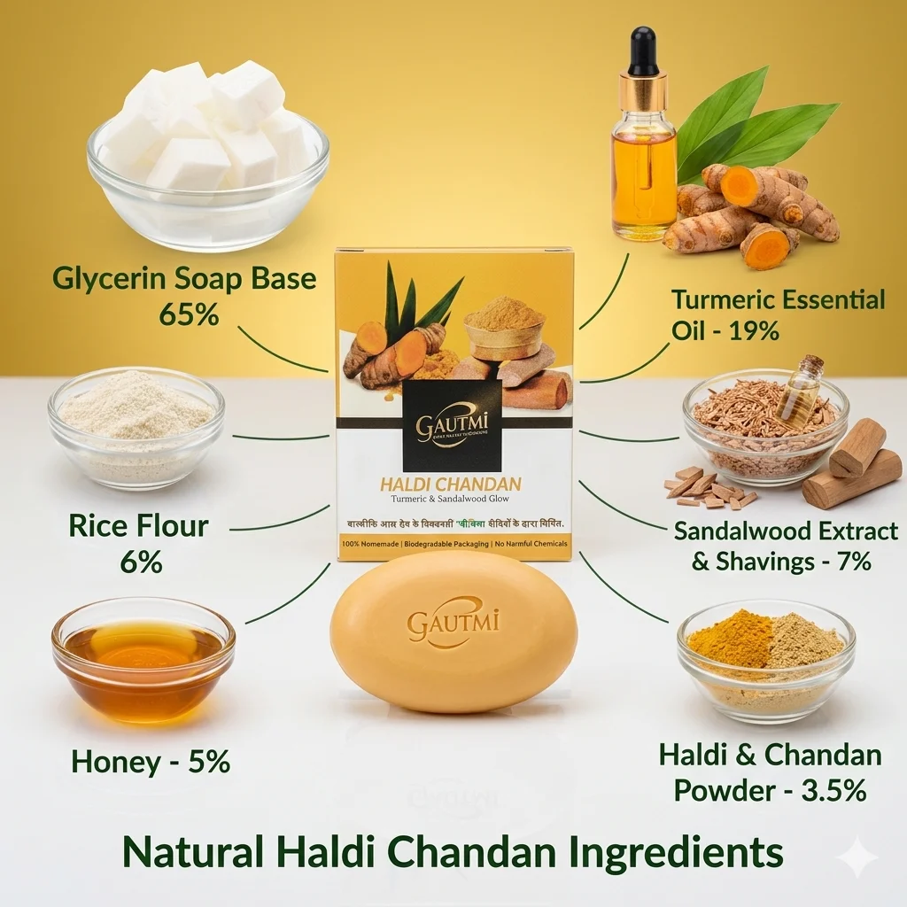 Haldi Chandan Soap Pack of 5 Ayurvedic Turmeric Sandalwood Bath Soap for Glowing Skin Acne Control Skin Brightening Natural Herbal Soap for Men Women India image 2