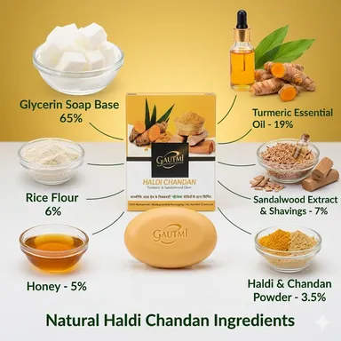 Haldi Chandan Soap Pack of 5 Ayurvedic Turmeric Sandalwood Bath Soap for Glowing Skin Acne Control Skin Brightening Natural Herbal Soap for Men Women India thumbnail 1