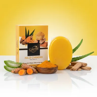 Haldi Chandan Soap Pack of 5 Ayurvedic Turmeric Sandalwood Bath Soap for Glowing Skin Acne Control Skin Brightening Natural Herbal Soap for Men Women India thumbnail 2