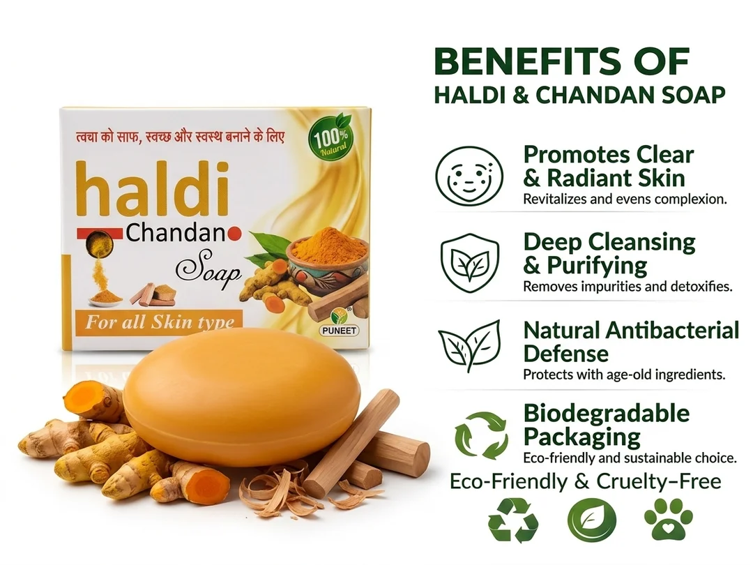 Haldi Chandan Soap Pack of 5 Ayurvedic Turmeric Sandalwood Bath Soap for Glowing Skin Acne Control Skin Brightening Natural Herbal Soap for Men Women India image 4