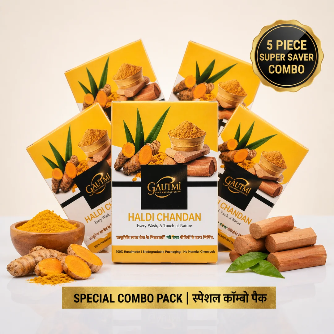 Haldi Chandan Soap Pack of 5 Ayurvedic Turmeric Sandalwood Bath Soap for Glowing Skin Acne Control Skin Brightening Natural Herbal Soap for Men Women India image 1