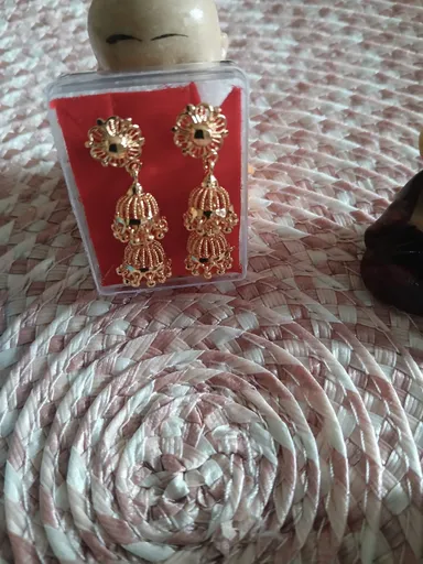 Elegant Handcrafted Double Layer Gold Plated Drop Earrings for Women Wedding Jewellery Ethnic Party Traditional Indian Dangle Earrings Festive Gift Gold Tone Statement Earrings thumbnail 3