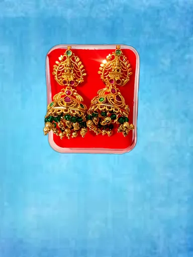 Classic Gold Tone Bridal Temple Jhumka Earrings for Women with Lakshmi Design Multi Colour Beads Traditional South Indian Wedding Jewellery Ethnic Party Wear Gift thumbnail 2