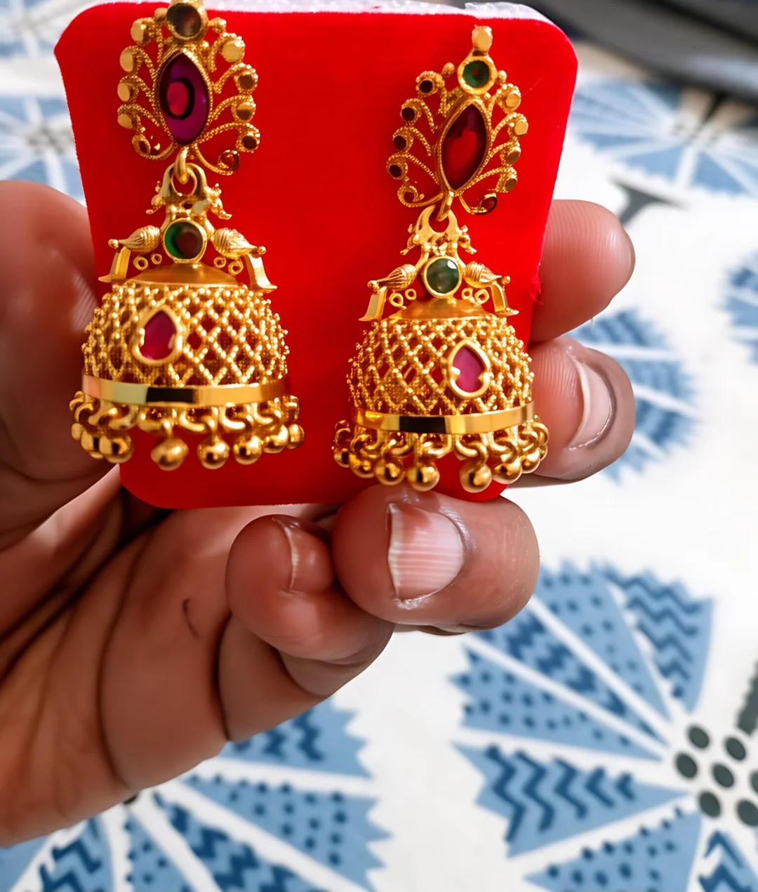 Classic Bridal Jhumka Earrings Gold Plated Pink Stone Temple Jewellery Traditional Bell Dangle Ethnic Indian Wedding Jewellery for Women Festive Party Wear image 2