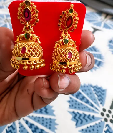 Classic Bridal Jhumka Earrings Gold Plated Pink Stone Temple Jewellery Traditional Bell Dangle Ethnic Indian Wedding Jewellery for Women Festive Party Wear thumbnail 1