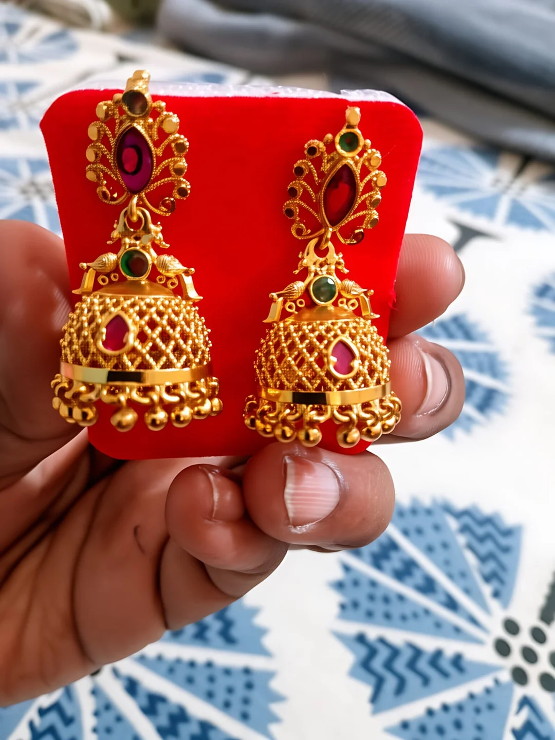 Classic Bridal Jhumka Earrings Gold Plated Pink Stone Temple Jewellery Traditional Bell Dangle Ethnic Indian Wedding Jewellery for Women Festive Party Wear image 3