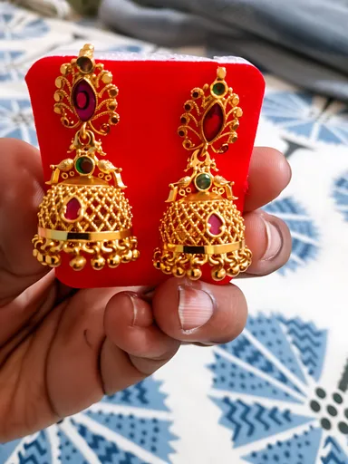 Classic Bridal Jhumka Earrings Gold Plated Pink Stone Temple Jewellery Traditional Bell Dangle Ethnic Indian Wedding Jewellery for Women Festive Party Wear thumbnail 2