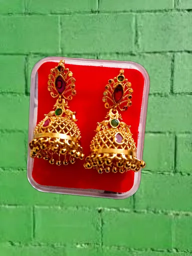 Classic Bridal Jhumka Earrings Gold Plated Pink Stone Temple Jewellery Traditional Bell Dangle Ethnic Indian Wedding Jewellery for Women Festive Party Wear thumbnail 3