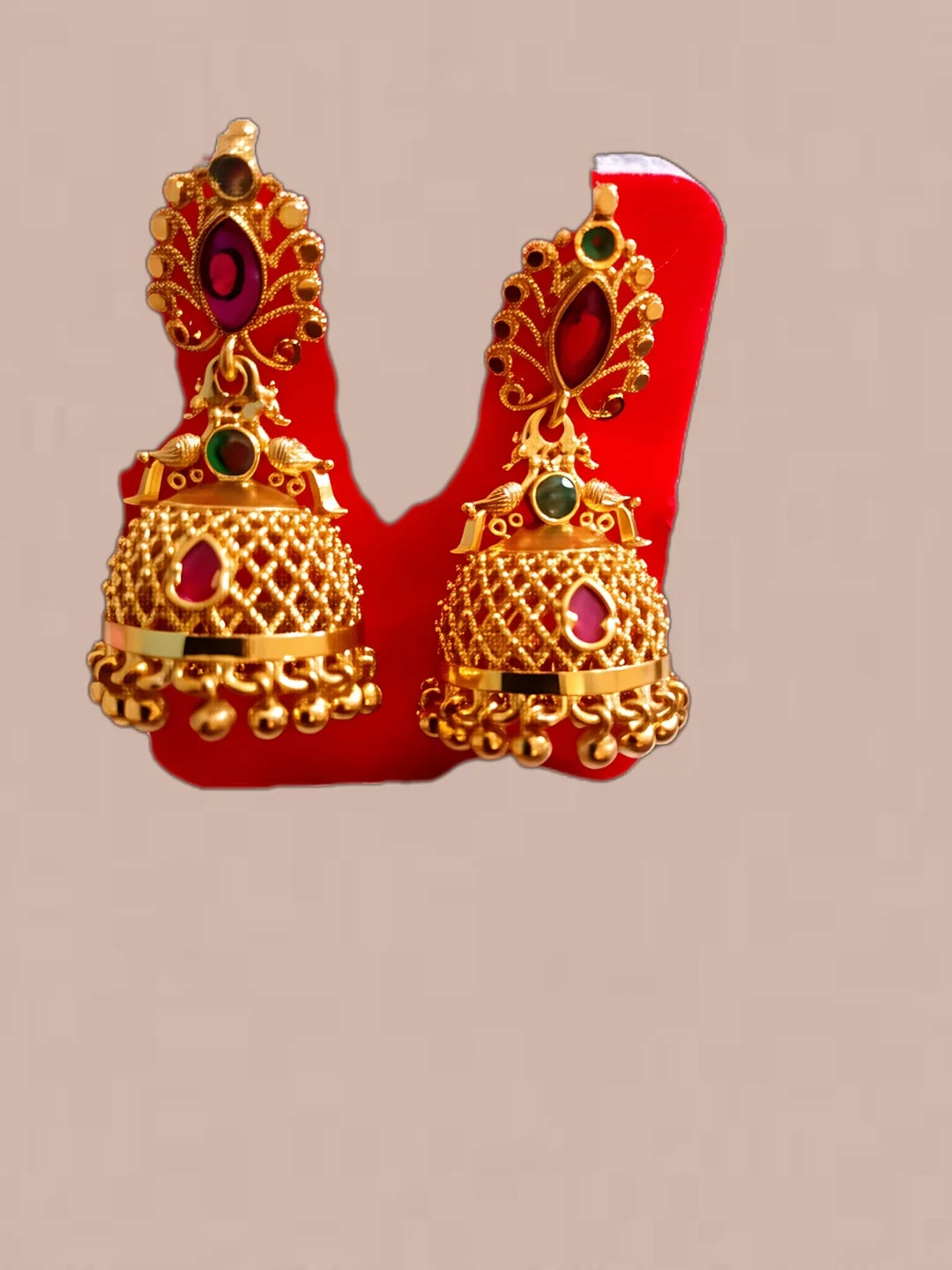 Classic Bridal Jhumka Earrings Gold Plated Pink Stone Temple Jewellery Traditional Bell Dangle Ethnic Indian Wedding Jewellery for Women Festive Party Wear image 1